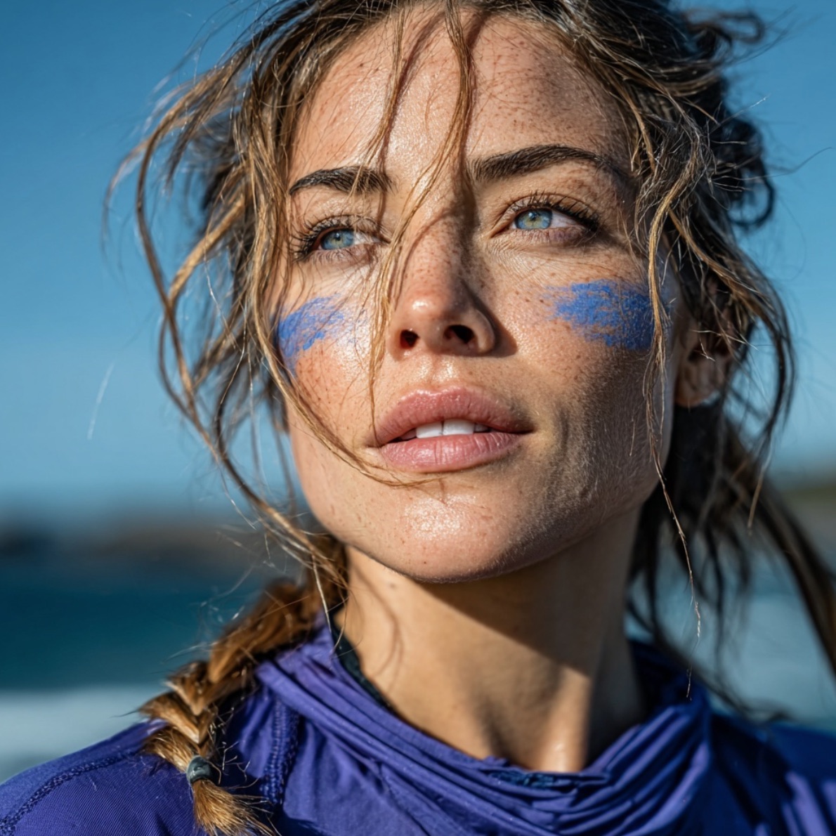 Femme en extérieur, trait de peinture bleu-violet sur le visage — coaching outdoor Valkyrun
